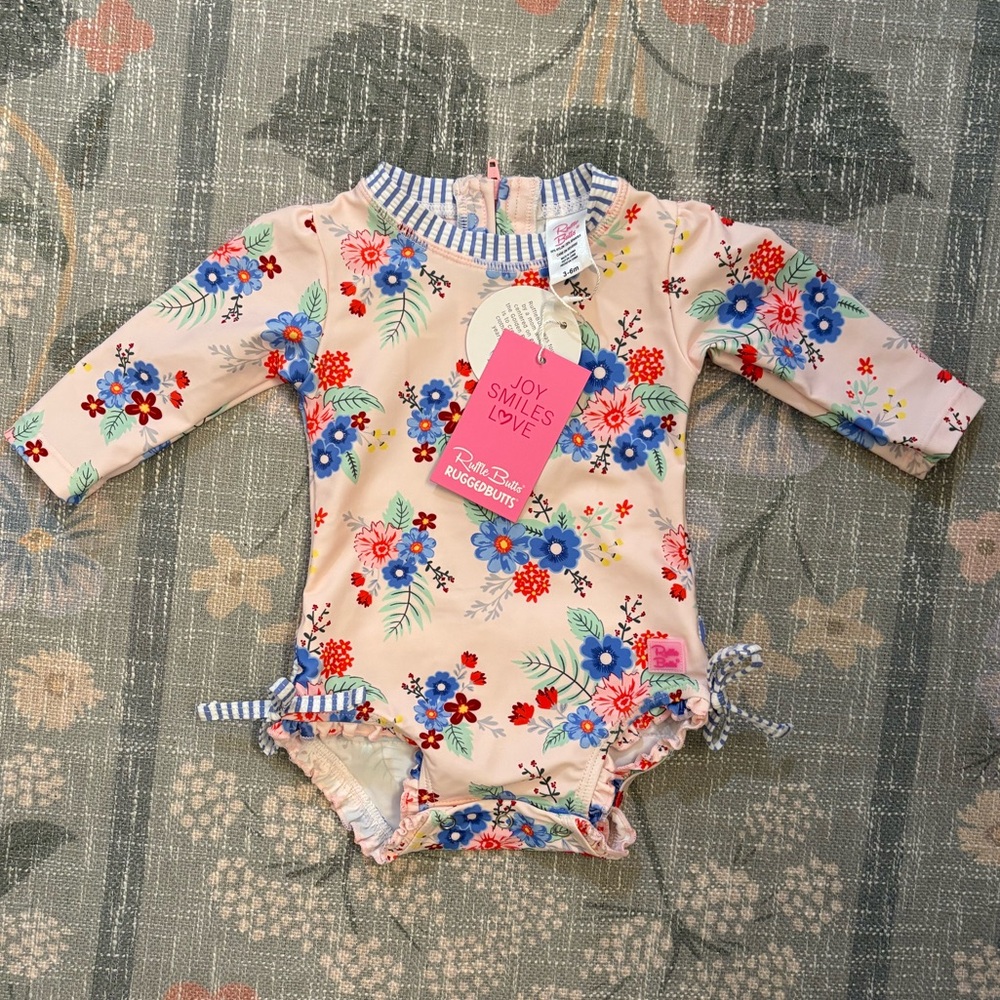 NWT Ruffle Butts Swimsuit Floral Baby with Blue and Pink Flowers